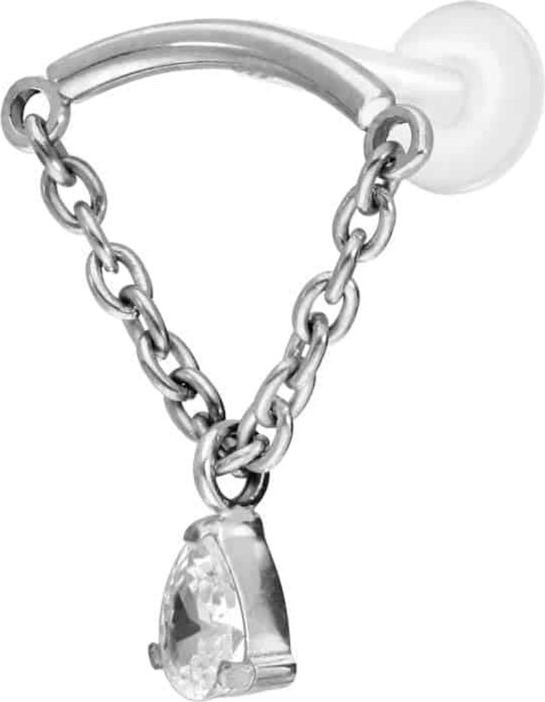 Ohrpiercing, Nasenpiercing PTFE Labret mit Innengewinde + Titan-Aufsatz BOGEN + KETTE + KRISTALLTROPFEN Silber Stablänge: 10mm | Stabstärke: 1,2mm