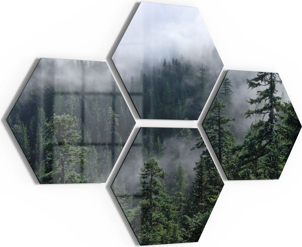 DEQORI Glasbilder 4-tlg 100x70 cm 'Tannenspitzen im Nebel' Wandbilder XXL groß