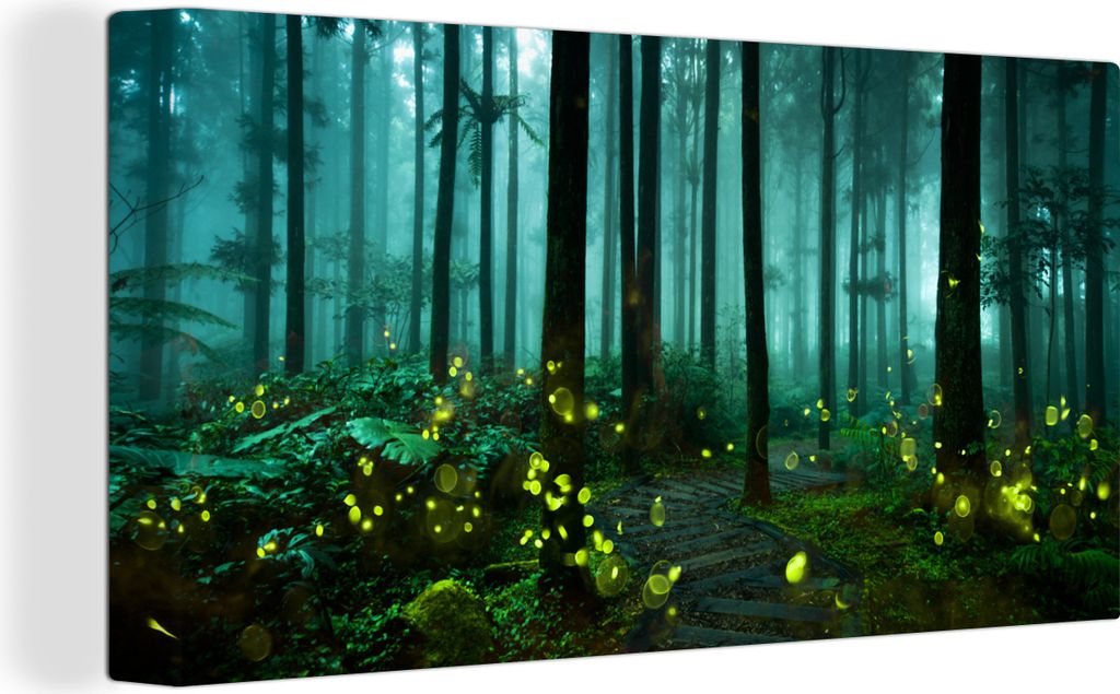 MuchoWow - Leinwandbilder - Glühwürmchen beleuchten einen Wald, Wandbild, Wanddeko Bilder Wohnzimmer, 80x40 cm