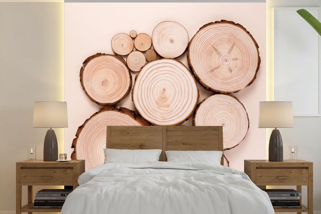 MuchoWow Fototapete für Wohnzimmer oder Schlafzimmer Wandtapete Vinyl Motivtapete Eine Luftaufnahme von verschiedenen Querschnitten von Baumstä...