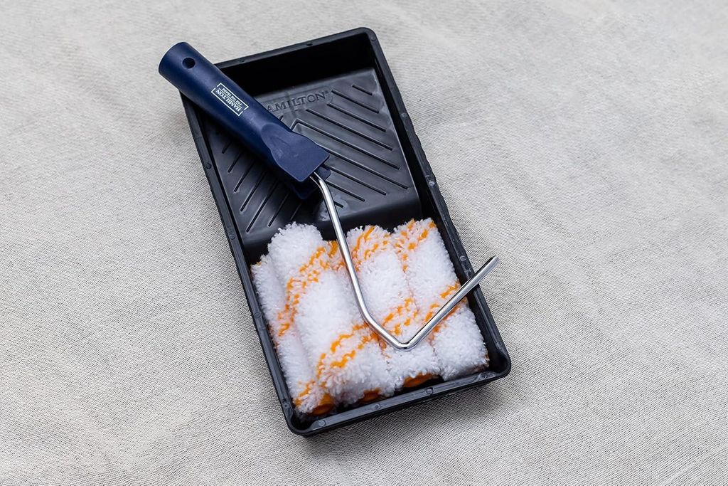 7-teiliges Farbroller-Set - Mittlerer Flor - Geeignet für Multiple Oberflächen - 10 cm - Farbe: Weiß/Orange/Blau