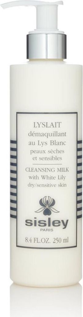 A white bottle of Sisley LYSLAIT Cleansing Milk with a pump dispenser and a label.
