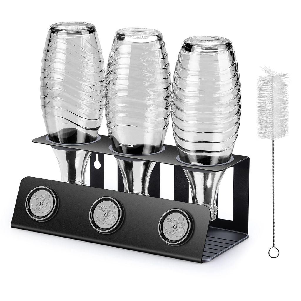 Flaschenhalter für Sodastream 3er Abtropfhalter mit Herausnehmbare Abtropfwanne und Deckelhalter, Abtropfständer für Sodastream, Crystal und Emil