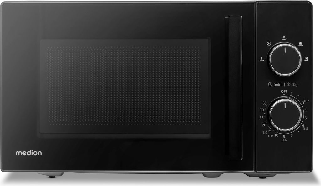 MEDION Mikrowelle (20 Liter, 800 Watt, 5 Mikrowellenstufen, Auftaufunktion, Timer, Glasteller, kompakt, MD12011) schwarz