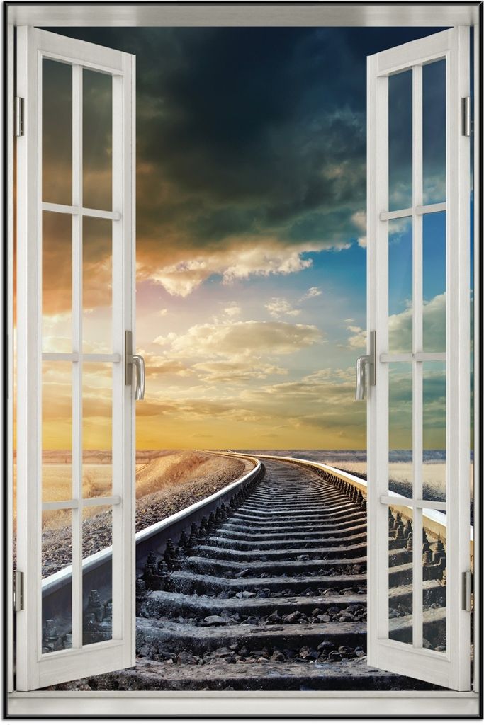 Wallario Wandbild mit Fenster-Illusion: Bahnschienen ins Ungewisse, Größe: 61 x 91,5 cm, Poster mit schwarzem Aluminiumrahmen