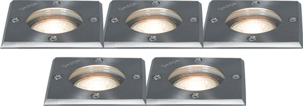 QAZQA - Modern 5er-Set Bodenstrahler Außen Stahl I Silber I nickel matt IP65 - Basic Square I Außenbeleuchtung - Edelstahl Quadratisch - LED geei...