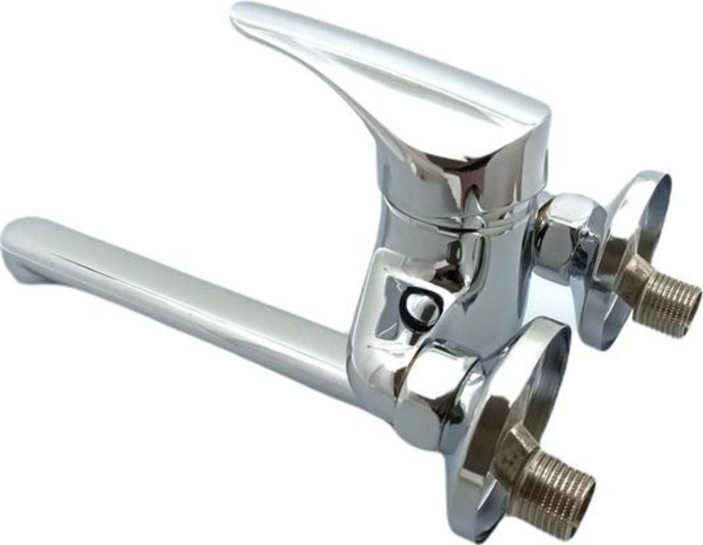 A chrome-plated faucet with a lever handle and two threaded connectors for wall mounting.