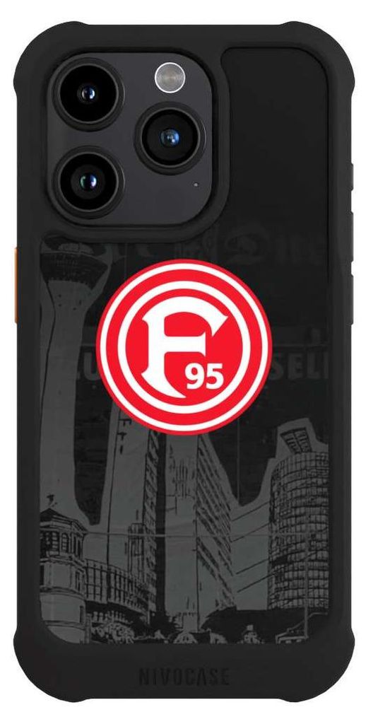 NIVOCASE Hülle für Apple iPhone 15 Pro Stoßfeste Handyhülle NIVOmax Case Schwarz Fortuna Düsseldorf Logo Offizielles Lizenzprodukt