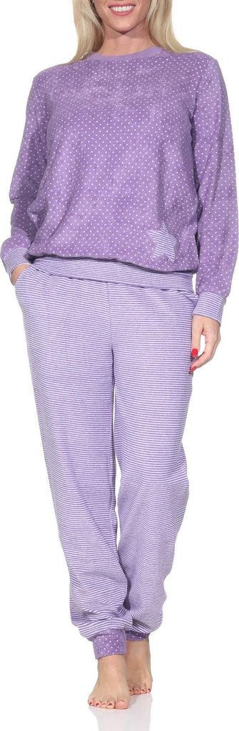Normann Damen Frottee Pyjama mit Bündchen in Tupfen- und Ringeldesign - auch in Übergröße ; Tupfen lila , 40