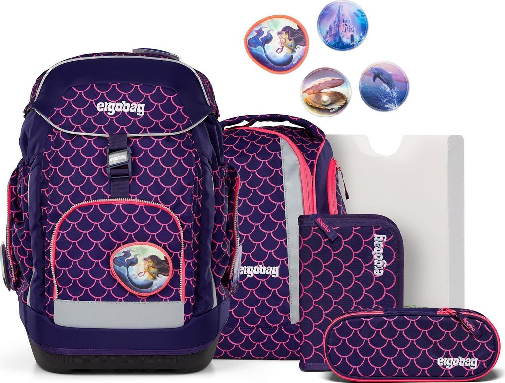 A set of school supplies including a backpack, pencil case, and other accessories, all featuring a mermaid scale pattern.