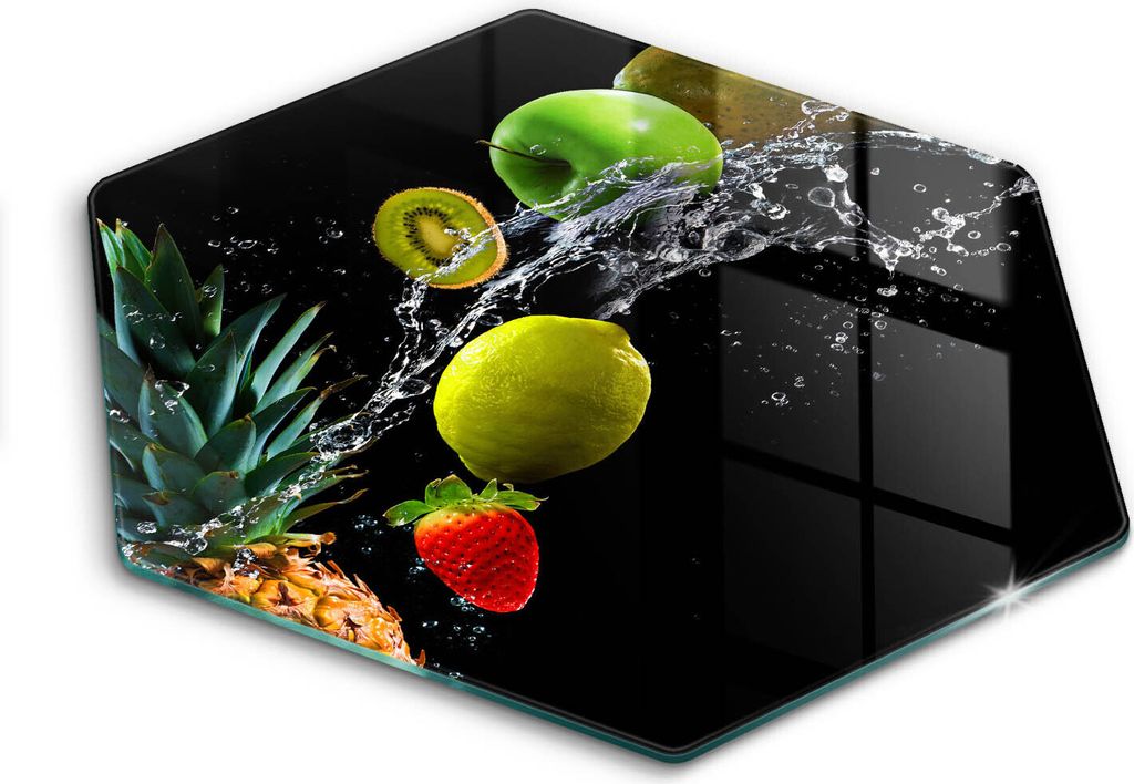 Glasschneideplatte - Herdabdeckplatte - Hexagon 40 cm -Schneidebrett - Spritzschutz - Obst in Wasser