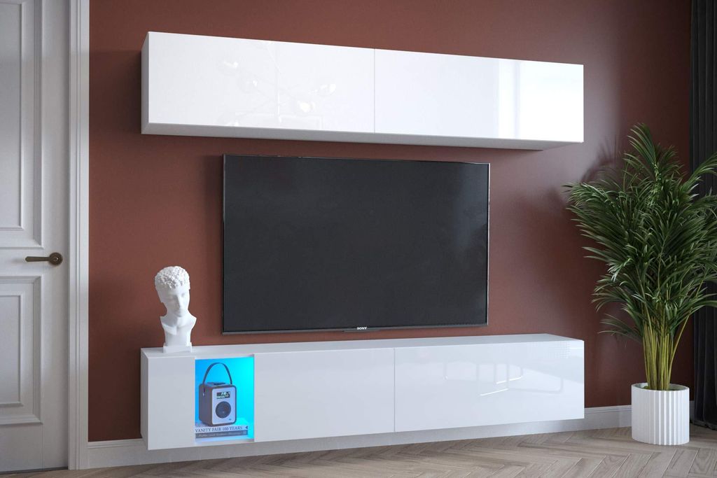 Furnitech Wohnwand Wohnzimmer - Wohnzimmer Möbel mit LED RGB - 16 Farben - Hängend Wohnwand Modern - Regale und TV Schrank (Exklusiv EX6-20W-HG2)
