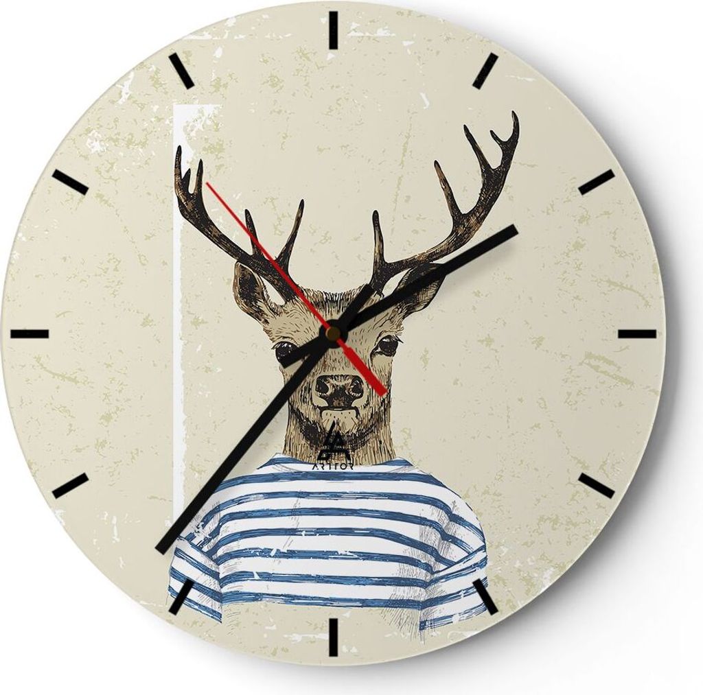Wanduhr - Rund - Glasuhr - Hipster Anthropomorphismus Hirsch - 30x30cm - Schleichendes Uhrwerk - Lautlos - zum Aufhängen bereit - Dekoration Moder...
