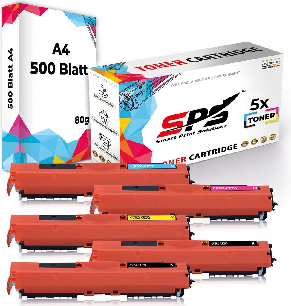 Druckerpapier A4 + 5x Multipack Set Kompatibel für HP Color LaserJet Pro MFP M 170 Series (130A/CF351A, CF353A, CF352A, CF350A) Toner