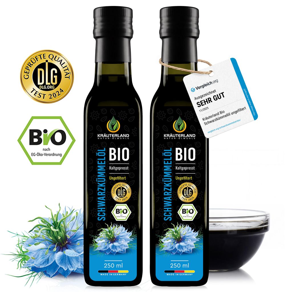 Kräuterland Premium Schwarzkümmelöl, 2x 250ml ungefiltert, Produktbild 