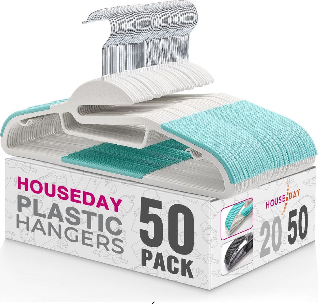 A stack of white and teal plastic hangers with silver hooks, presented on top of their packaging.