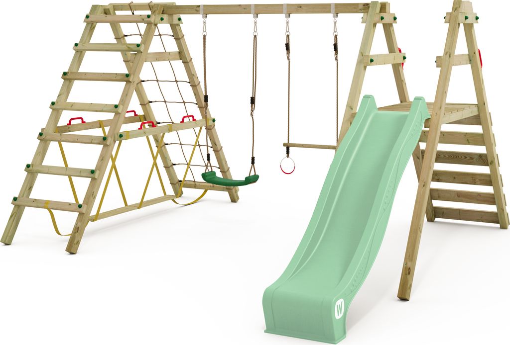 WICKEY Kinderschaukel Schaukelgestell Smart Shake mit Rutsche und Kletteranbau, Schaukel, Schaukelgerüst, Doppelschaukel, Holzschaukel – pastell...