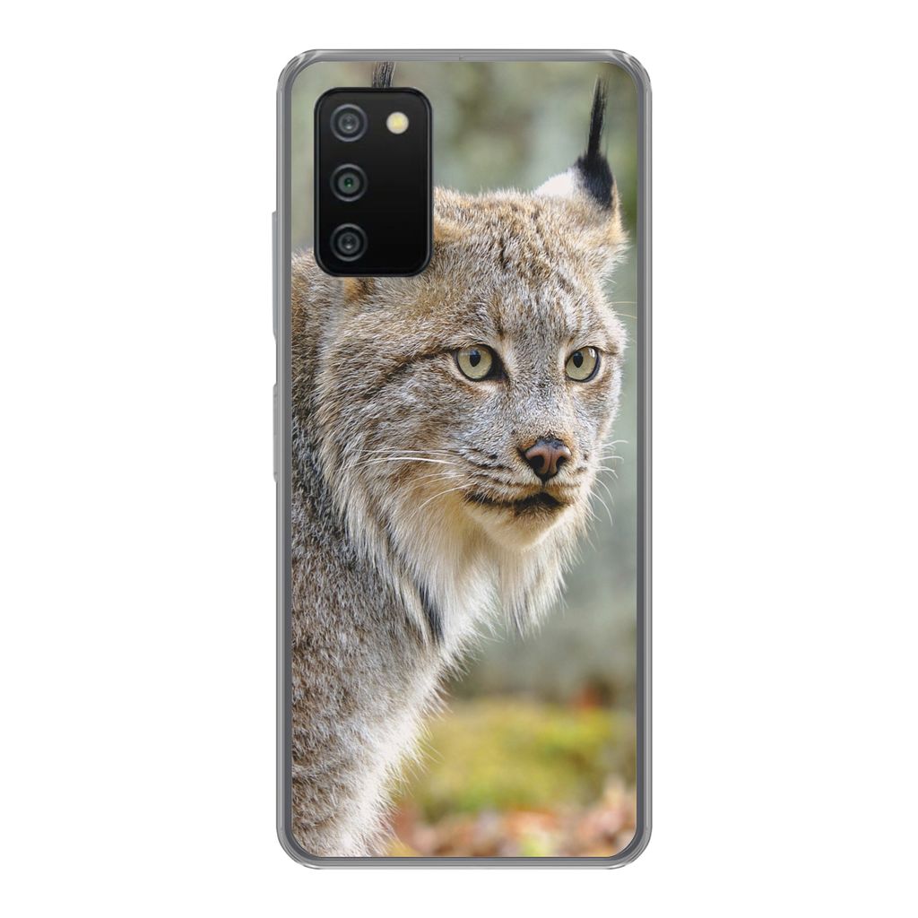 MuchoWow Handyhülle Schutzhülle Hülle für Samsung Galaxy A03s Luchs - Wald - Grau Silikon Softcase Handy Hülle - Schutz