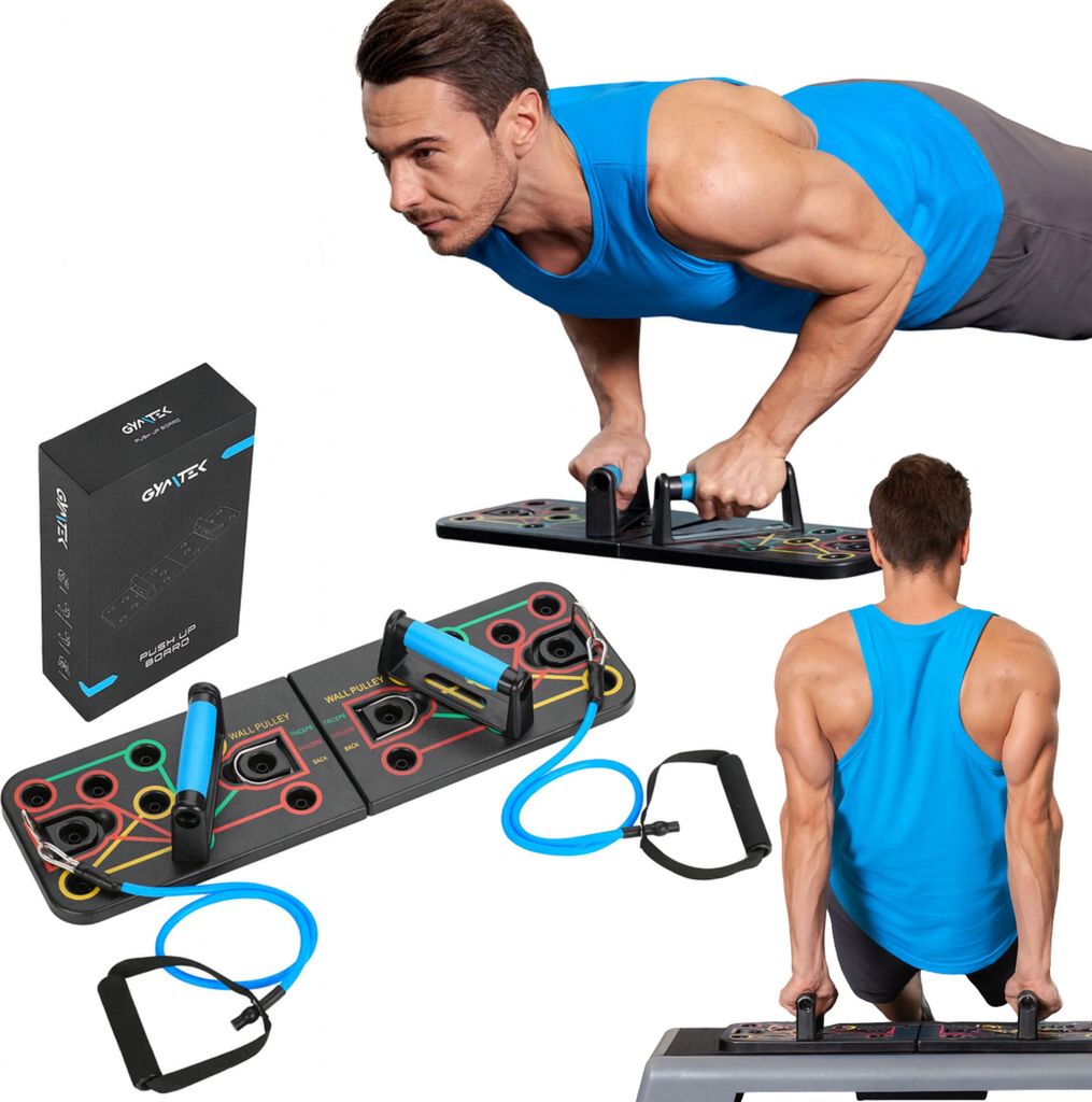Gymtek Faltbares Liegestütze Brett mit Expandern - Push-up Board, Fitnessgeräte für Zuhause - Liegestützgriffe für Home Gym, Fitness, Krafttra...
