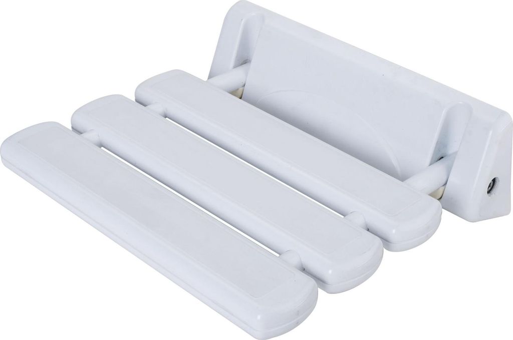A white folding shower seat mounted on a wall.