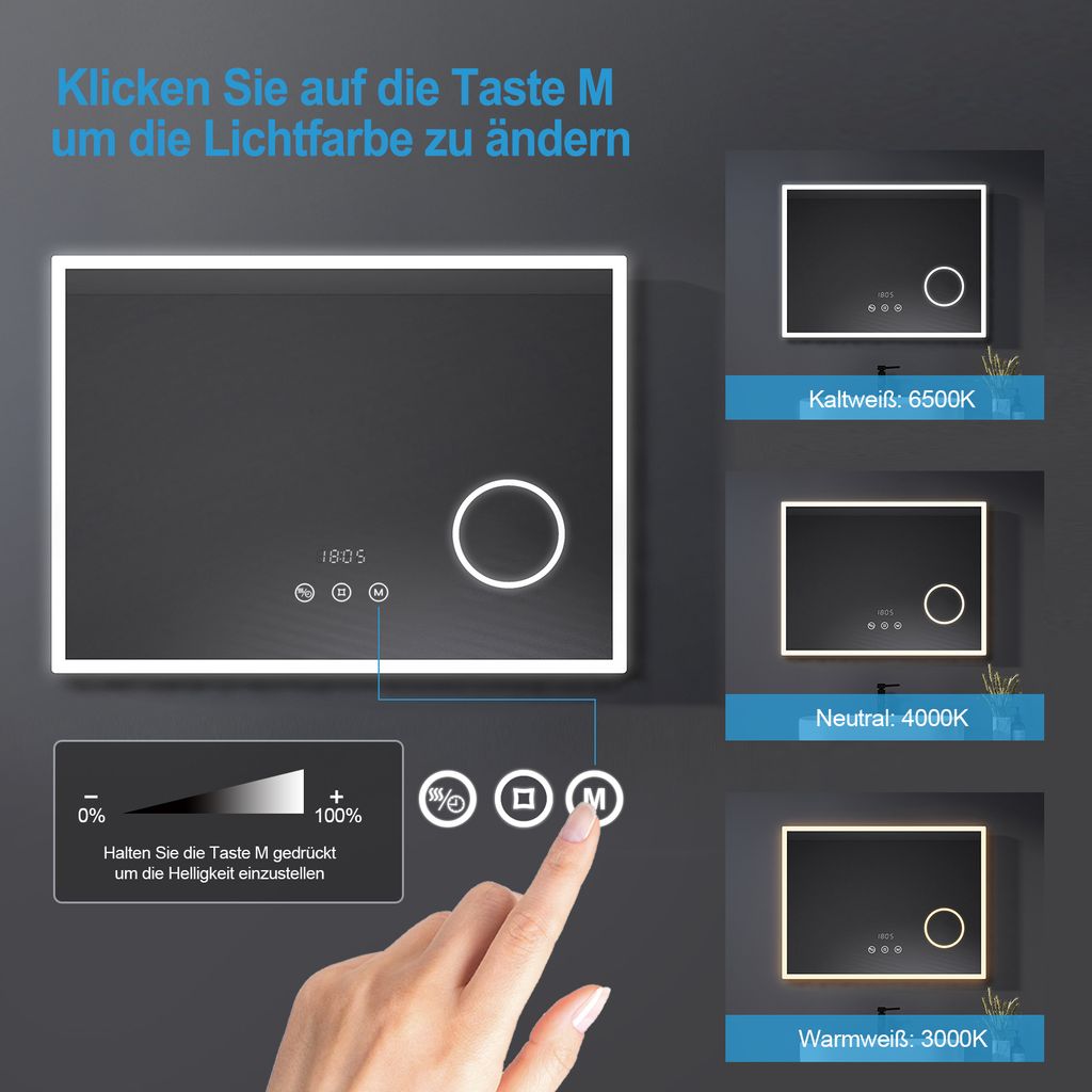 KOBEST Badspiegel Mit LED, Badezimmerspiegel Mit Lupe