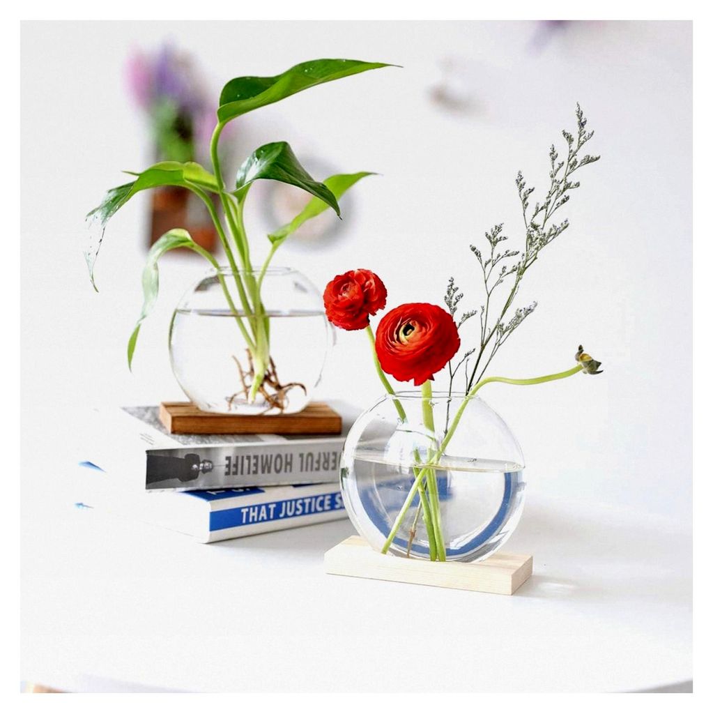Tischplatte mit hängendem Glas-Pflanzer, 2 Stück, moderne Blumenknospen-Vase in Holzständer für Hydroponik-Pflanzenstecklinge, Büro- und Wohnr...
