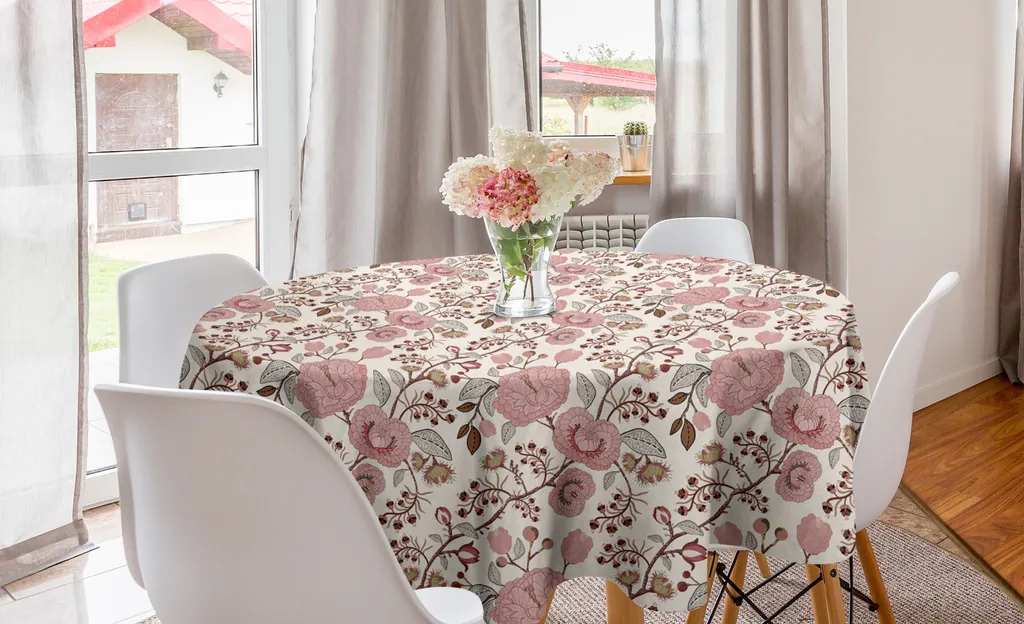ABAKUHAUS Tovaglia rotonda con motivi floreali, rami in fiore e grappoli d'uva, tovaglia rotonda per sala da pranzo e cucina, 150 cm, color salmone chiaro