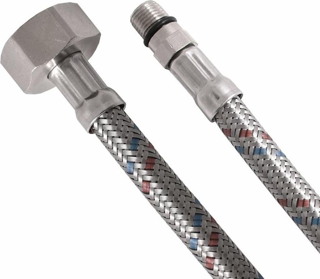 Two flexible hoses with metal braiding and connectors.