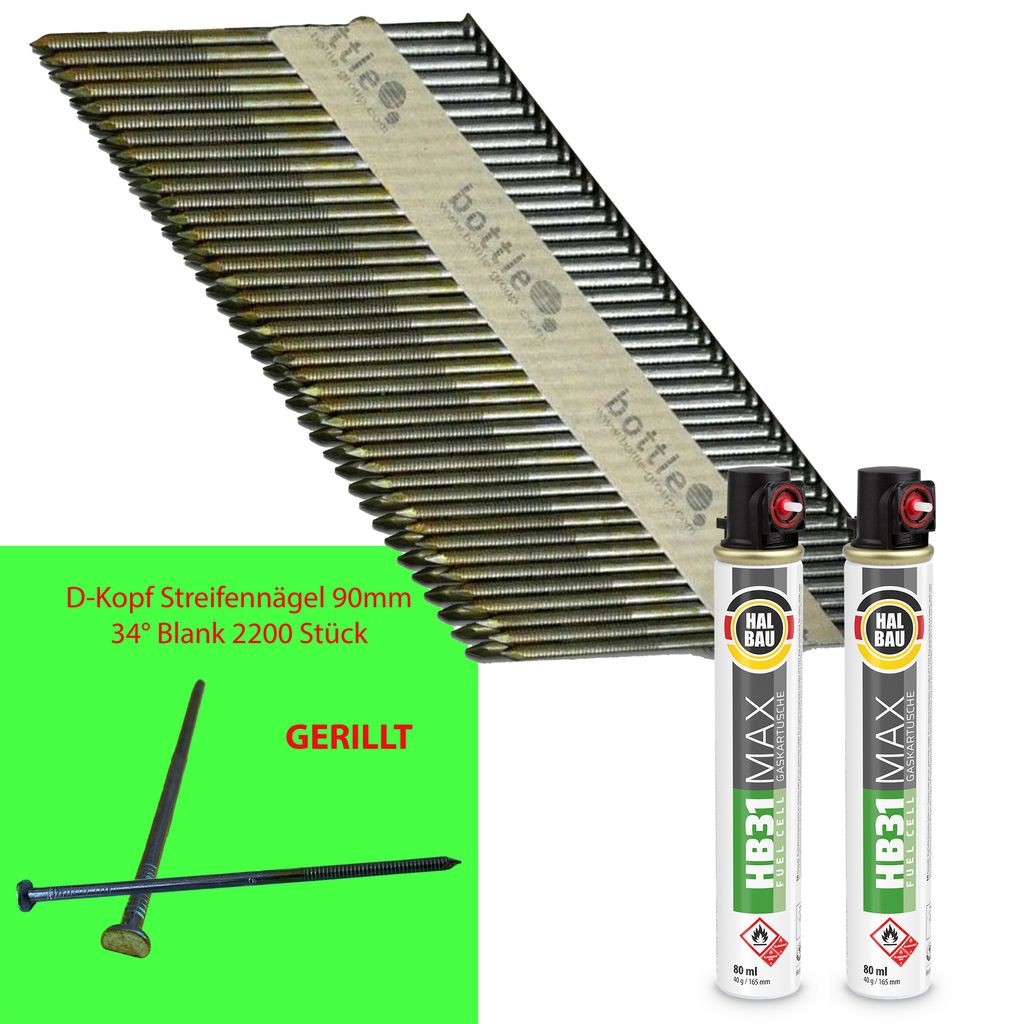 SET Streifennägel 34° D-Kopf blank 3,1x90mm gerillt 2200 St. HB43 + 2x Gaskartusche 165mm HB31