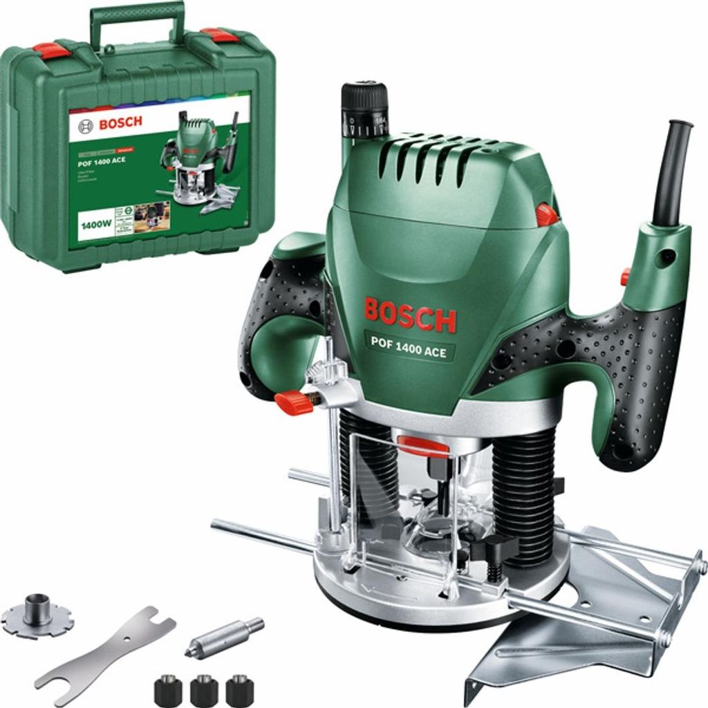 A Bosch POF 1400 ACE router and its carrying case are displayed against a white background.