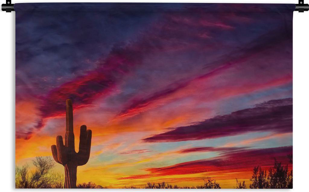 MuchoWow Wandteppich Wandbehang Kaktus - Himmel - Sonnenuntergang - Lila - Rosa 90x60 cm Tapisserie Dekoration Wandtuch - Wandskulpturen - Bildte...