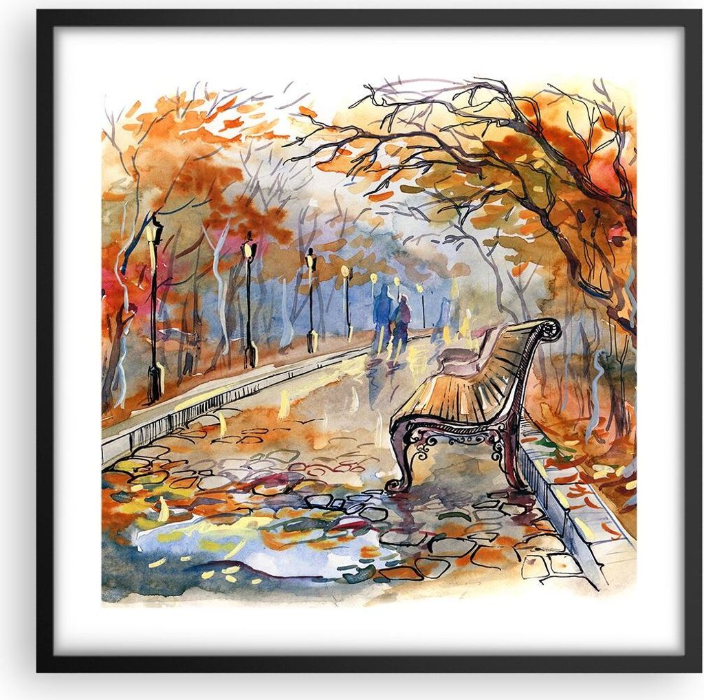Gerahmtes Poster - Schwarzer Rahmen - Path Bench Herbst Frau - 50x50 cm - Wand Bild - Wanddeko - Wandbilder - Kunstposter - Wandposter - Bilderrahm...