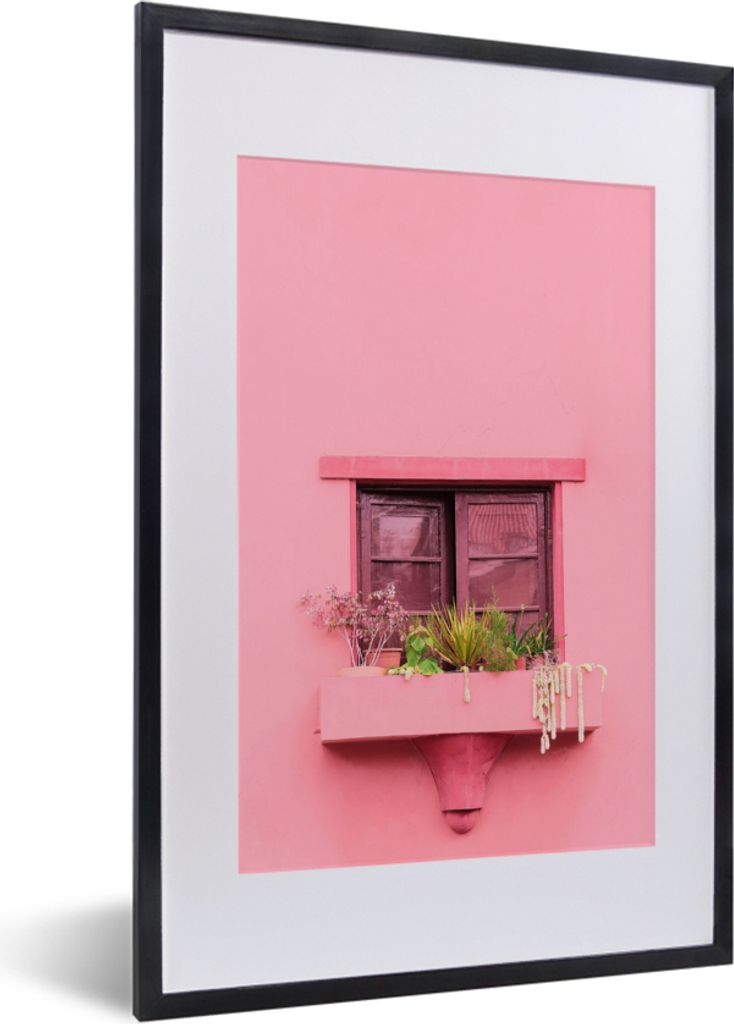 MuchoWow Gerahmtes Poster Fenster - Pflanzen - Rosa - Pflanzgefäß 40x60 cm - Poster mit Schwarzem Bilderrahmen Wandposter Rahmen Foto Bilder - ...