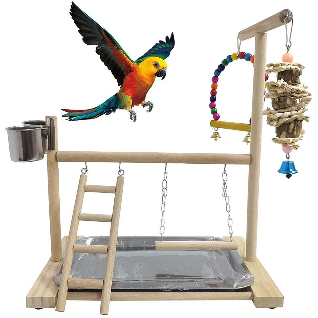 Vogelspielplatz aus Holz, Papageien-Spielstaender mit Futternaepfen, Leiter, vielseitiges uebungsschaukelspielzeug fuer Sittiche, Conures, Nymphens...