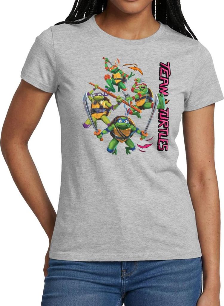Spreadshirt TMNT Mutant Mayhem Team Turtles Frauen T-Shirt, XXL, Grau meliert
