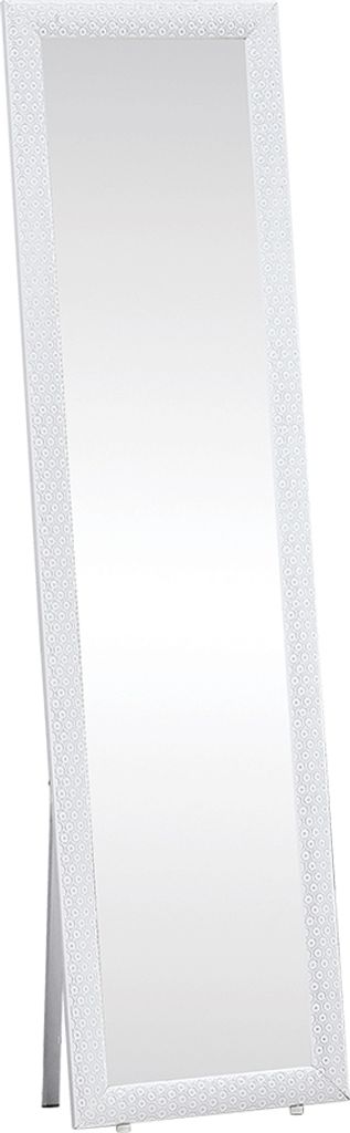 A full-length white mirror with a decorative frame, standing on a white background.