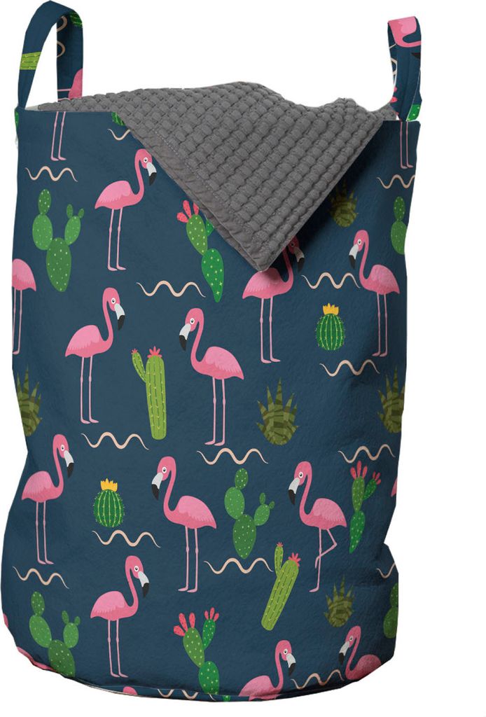 ABAKUHAUS Dunkelpink Wäschesack, Cactus Flamingo-Muster, Wäschekorb mit Griffen Kordelzugverschluss für Waschsalons, 33 cm breit x 49 cm hoch, P...