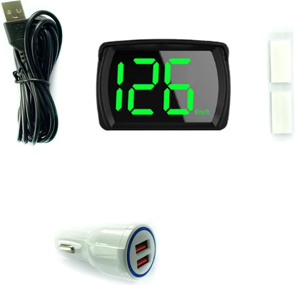 A product shot of a digital speedometer and its accessories, laid out on a white background.