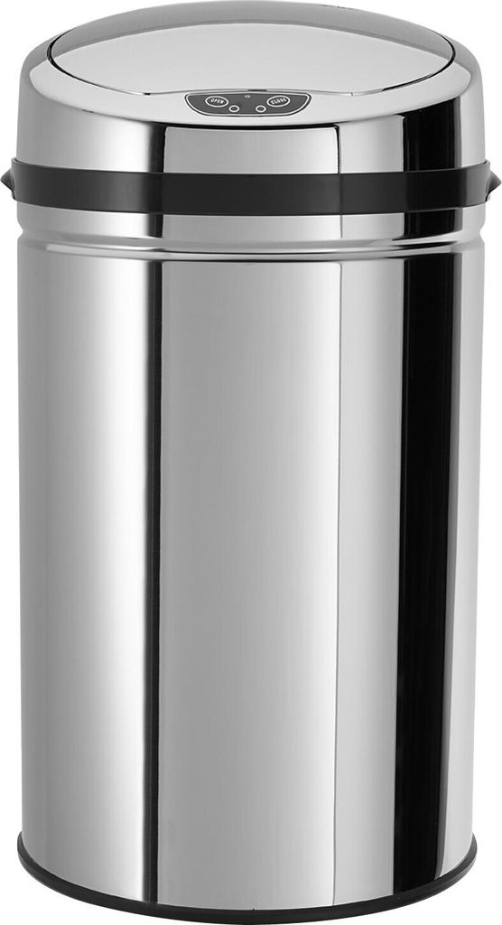 A stainless steel trash can with a sensor lid.