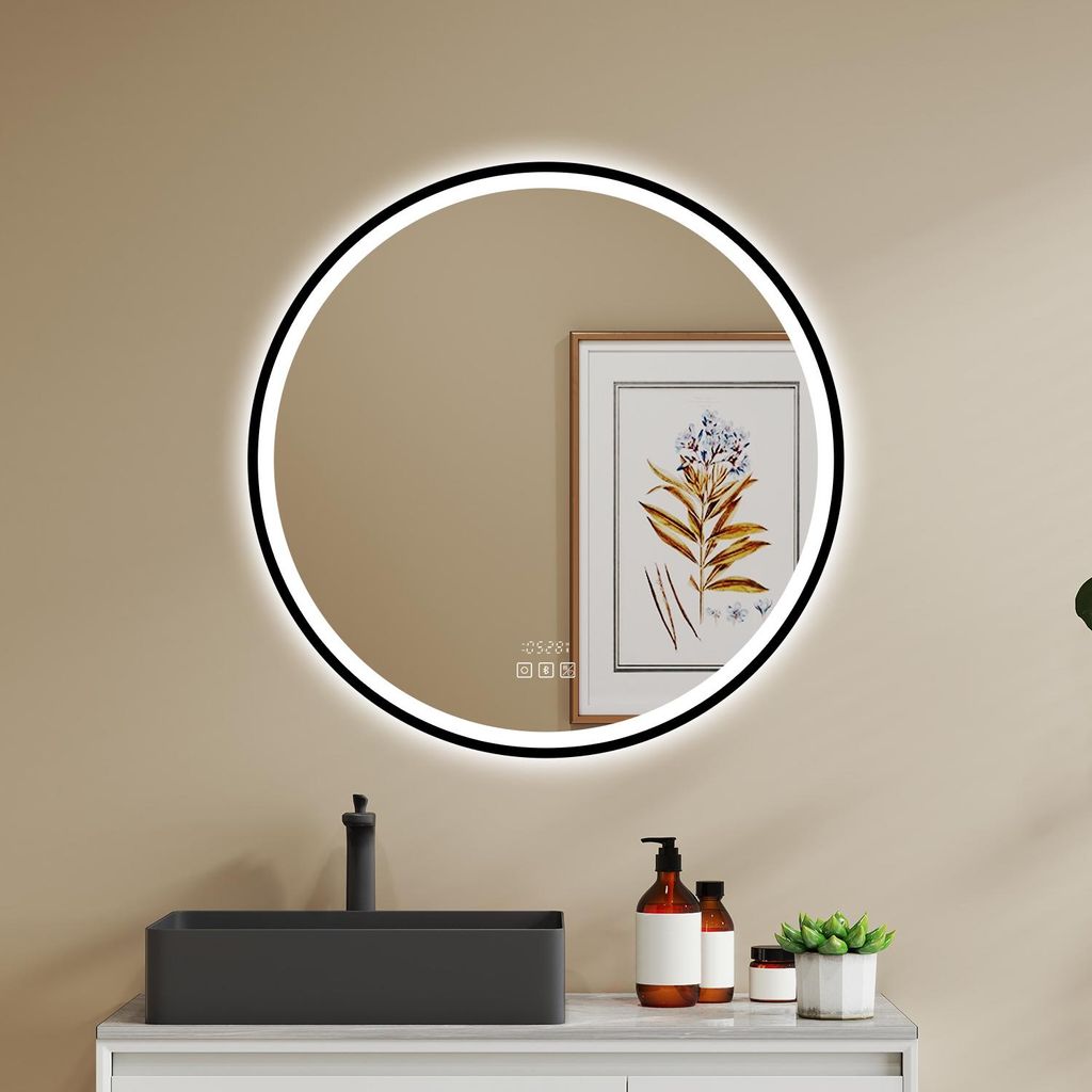 LED Badspiegel Rund 90cm mit Beschlagfrei Bluetooth Uhr 3 Lichfarbe dimmbar Spiegel mit Schwarzem Rahmen