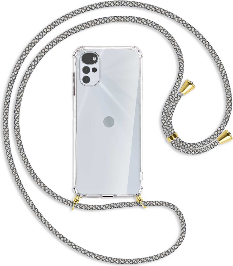 Handykette Backcover-Schutzhülle mit Band (Metall goldfarben) für Motorola Moto G22 4G - weiß/grau kariert