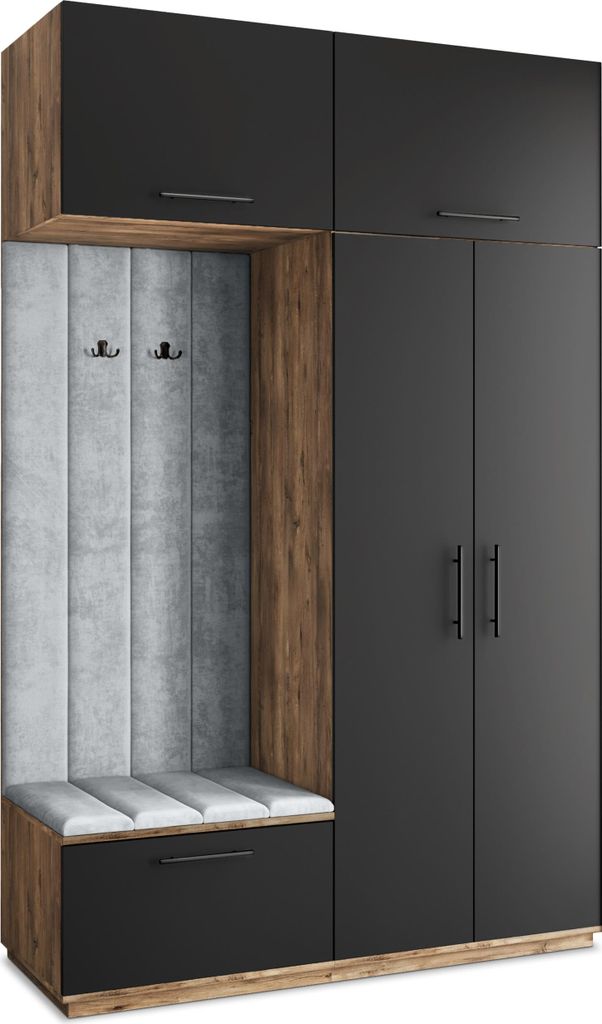 Masseno Garderobe-Set REMA 150/240/60 cm Modern Garderobenschrank Eiche Lefkas, Veloursstoff MONOLITH 84 (Hellgrau)