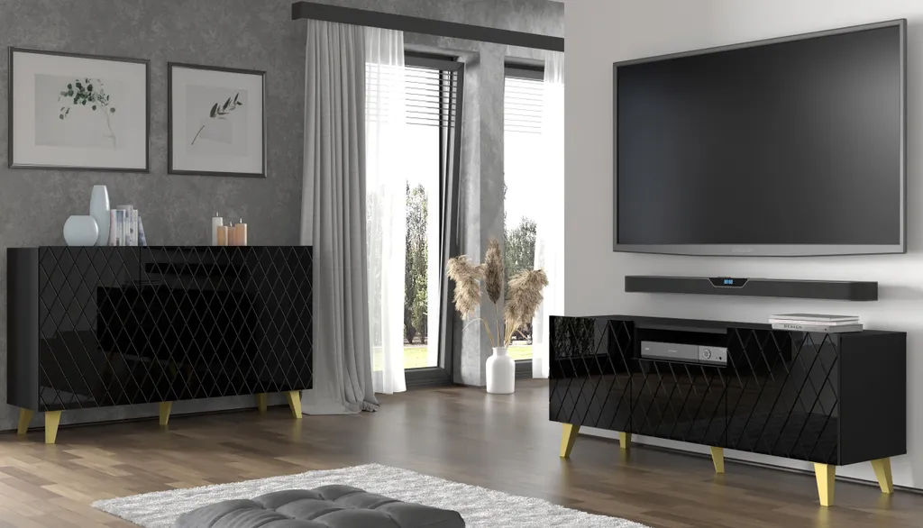 Commode DIUNA 3D 145 cm Noir Mat et Brillant - Buffet Design Moderne