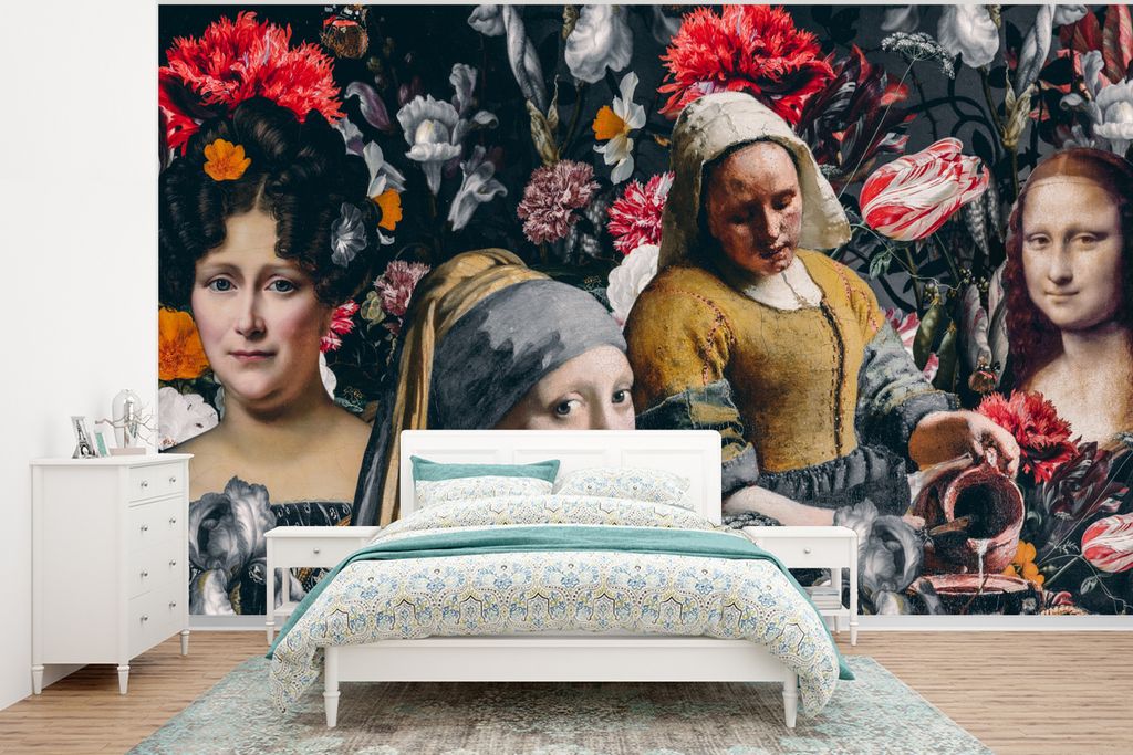 MuchoWow Fototapete für Wohnzimmer oder Schlafzimmer Wandtapete Vinyl Motivtapete Kunst - Blumen - Collage - 350x260 cm - Wohnzimmer-Tapete