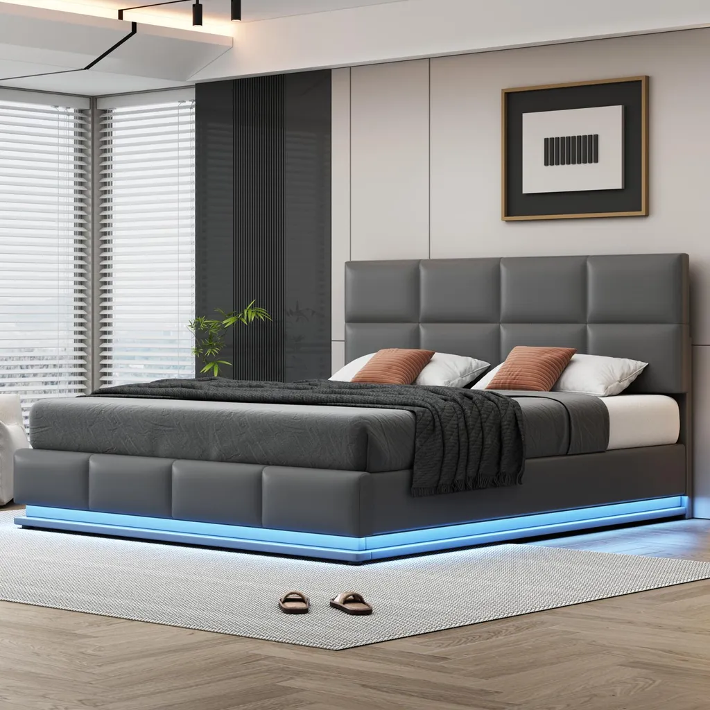 Lit coffre 180x200 cm gain de place pour chambre avec LED grise - 2