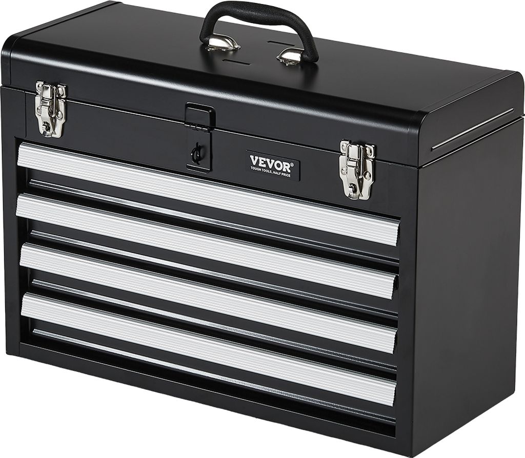 A black metal toolbox with silver drawers is shown against a white background.