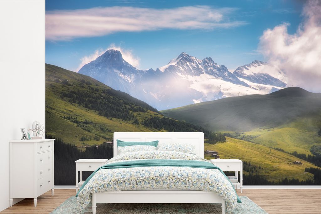 MuchoWow Fototapete für Wohnzimmer oder Schlafzimmer Wandtapete Vinyl Motivtapete Landschaft am schneebedeckten Schilthorn in der Schweiz - 360x...