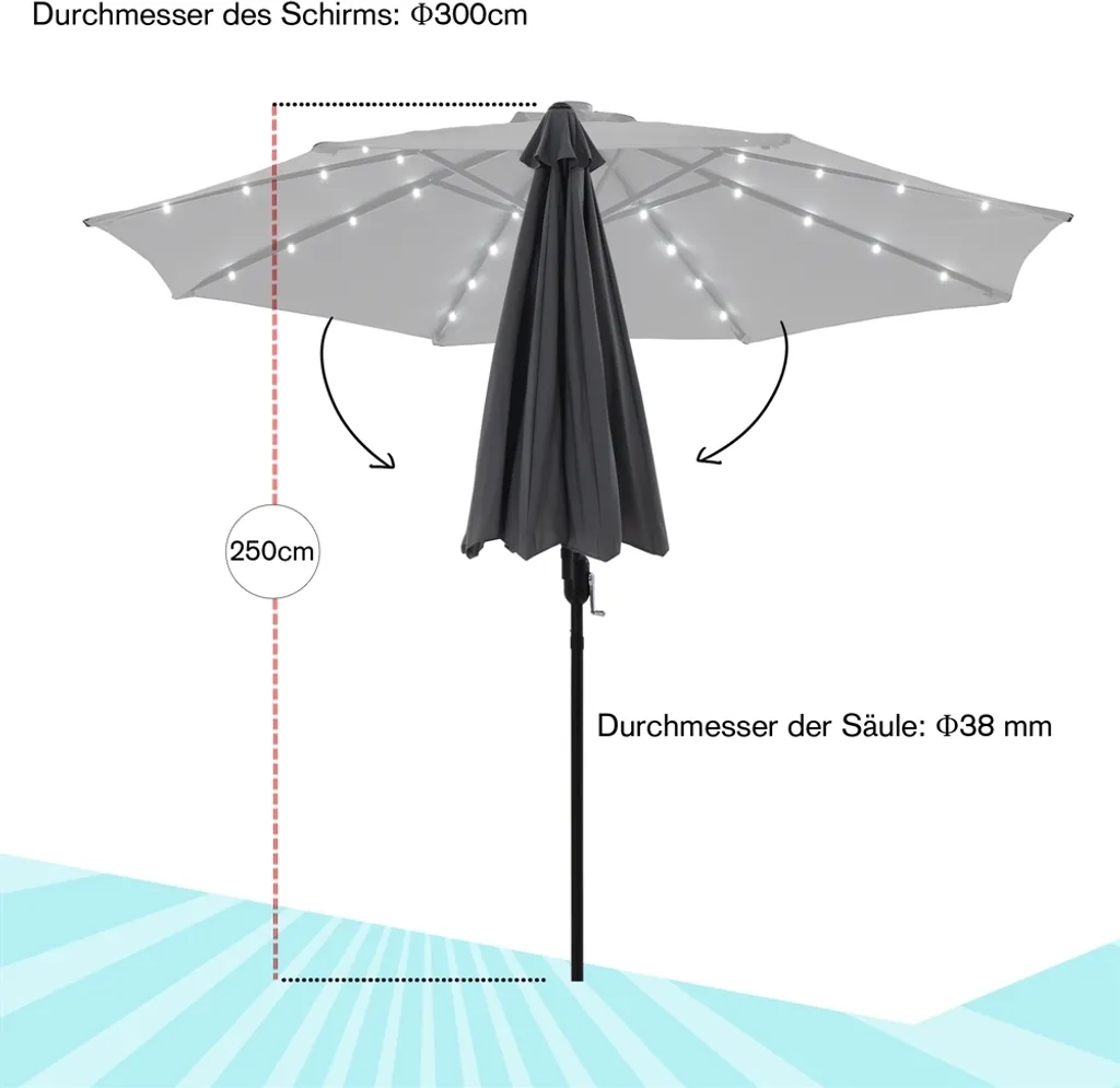 Mucola Parasol de jardin 3m Gris avec LED Pivotant 360° Terrasse