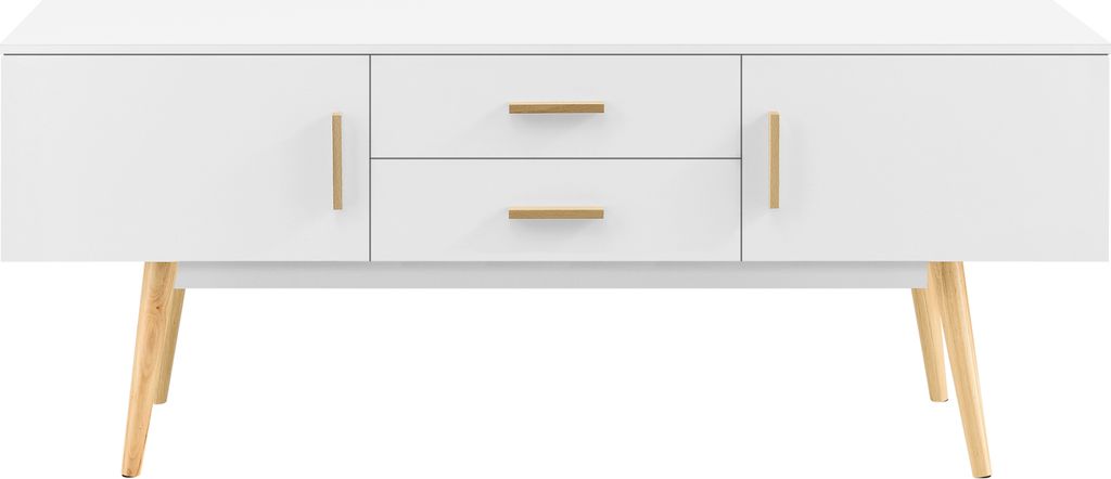 A white TV stand with gold handles and wooden legs, shown against a white background.