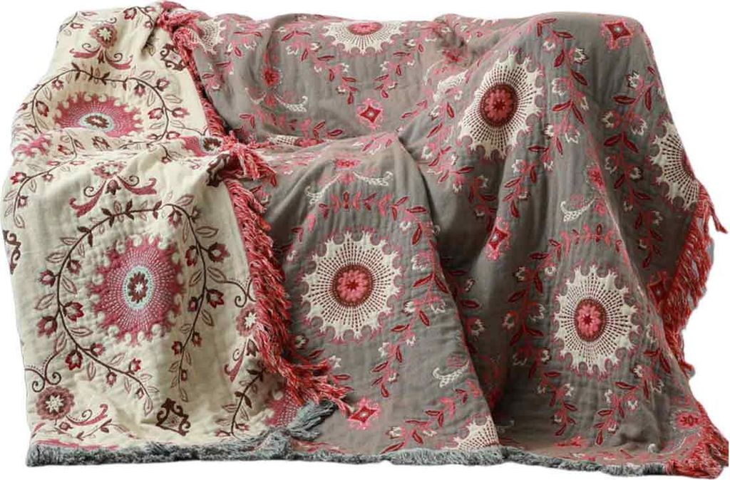 Boho-Tagesdecke fürs Bett – Ultraweiche Baumwolldecke im Landhausstil – Herbstliche Decke mit Vogel- und Blumenmuster, große Bettdecke